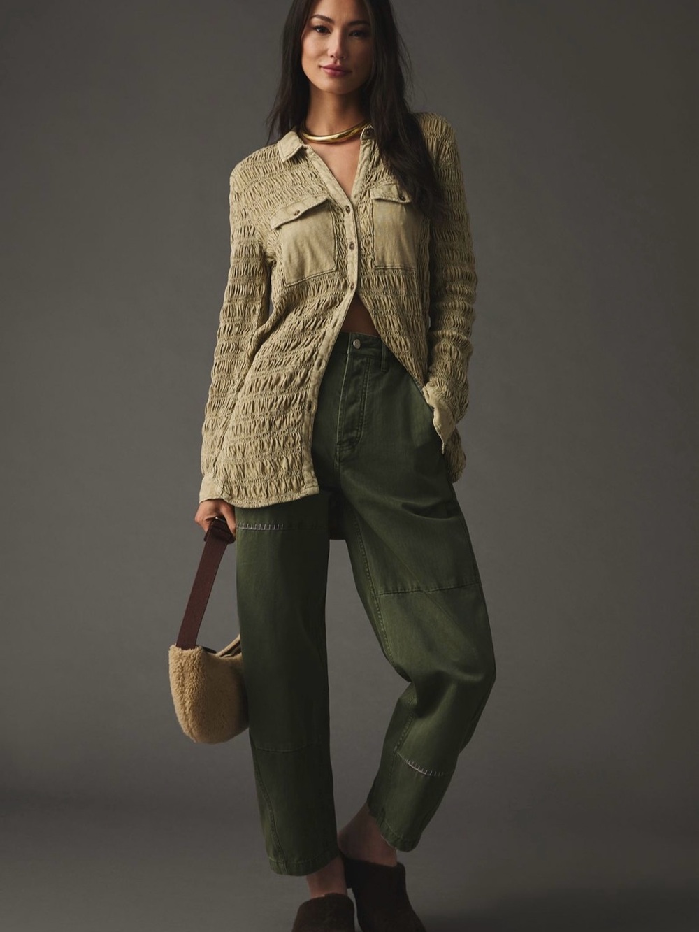 Pilcro Olive Green Textured Button-Down Shirt